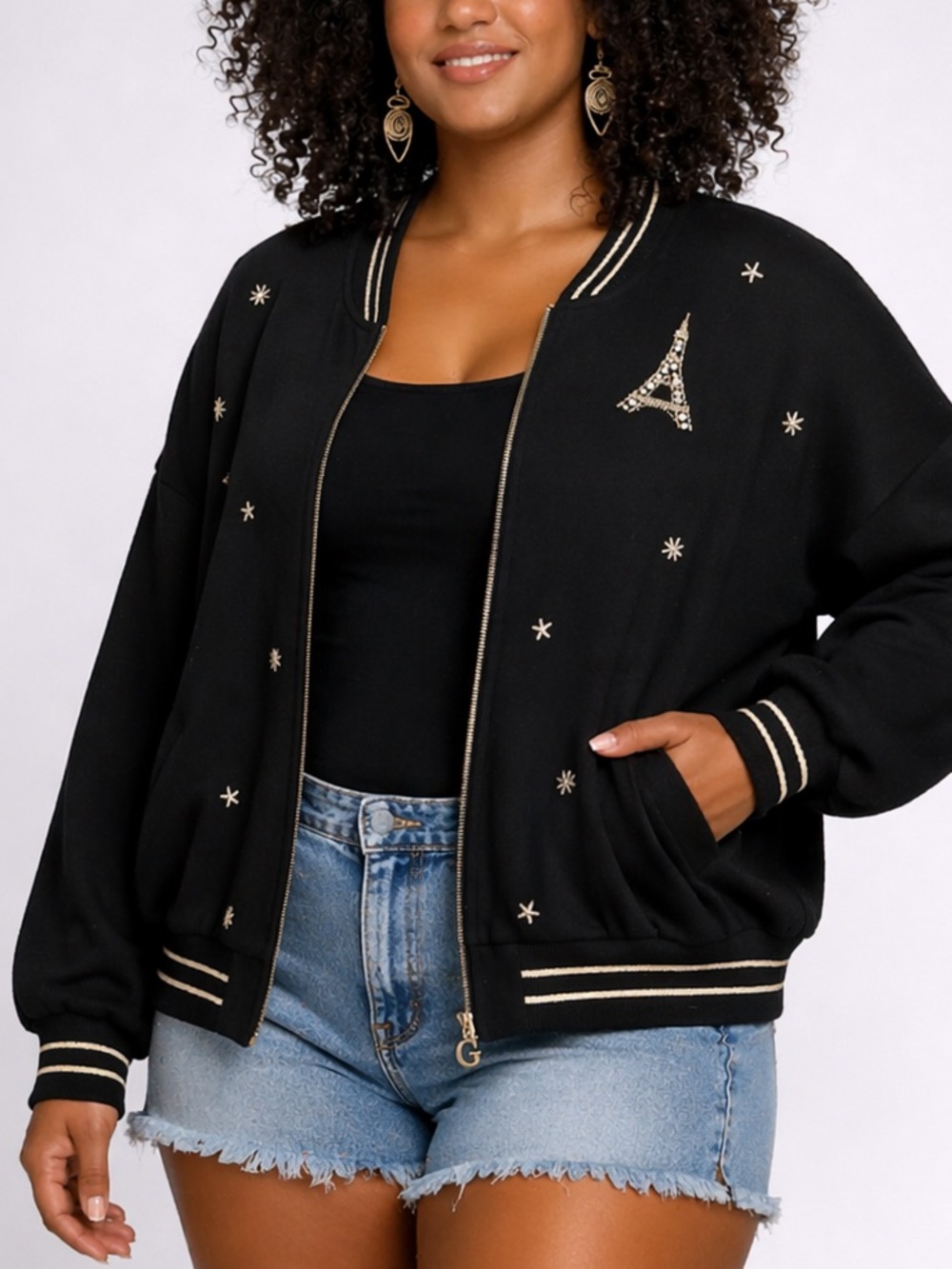 Paris Eiffel Tower Embroidered Bomber Jacket Black Gold Parisian Chic Streetwear